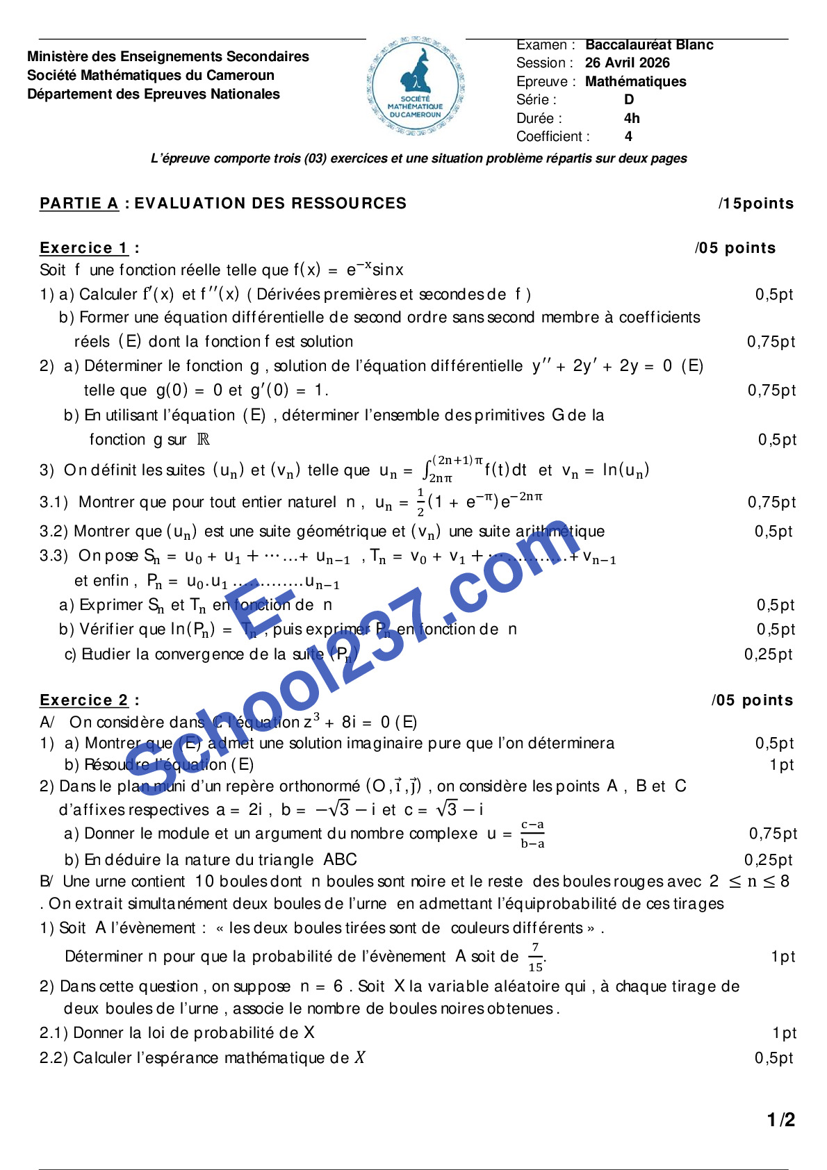 BACC D 2026 Sté Mathématiques du Cameroun